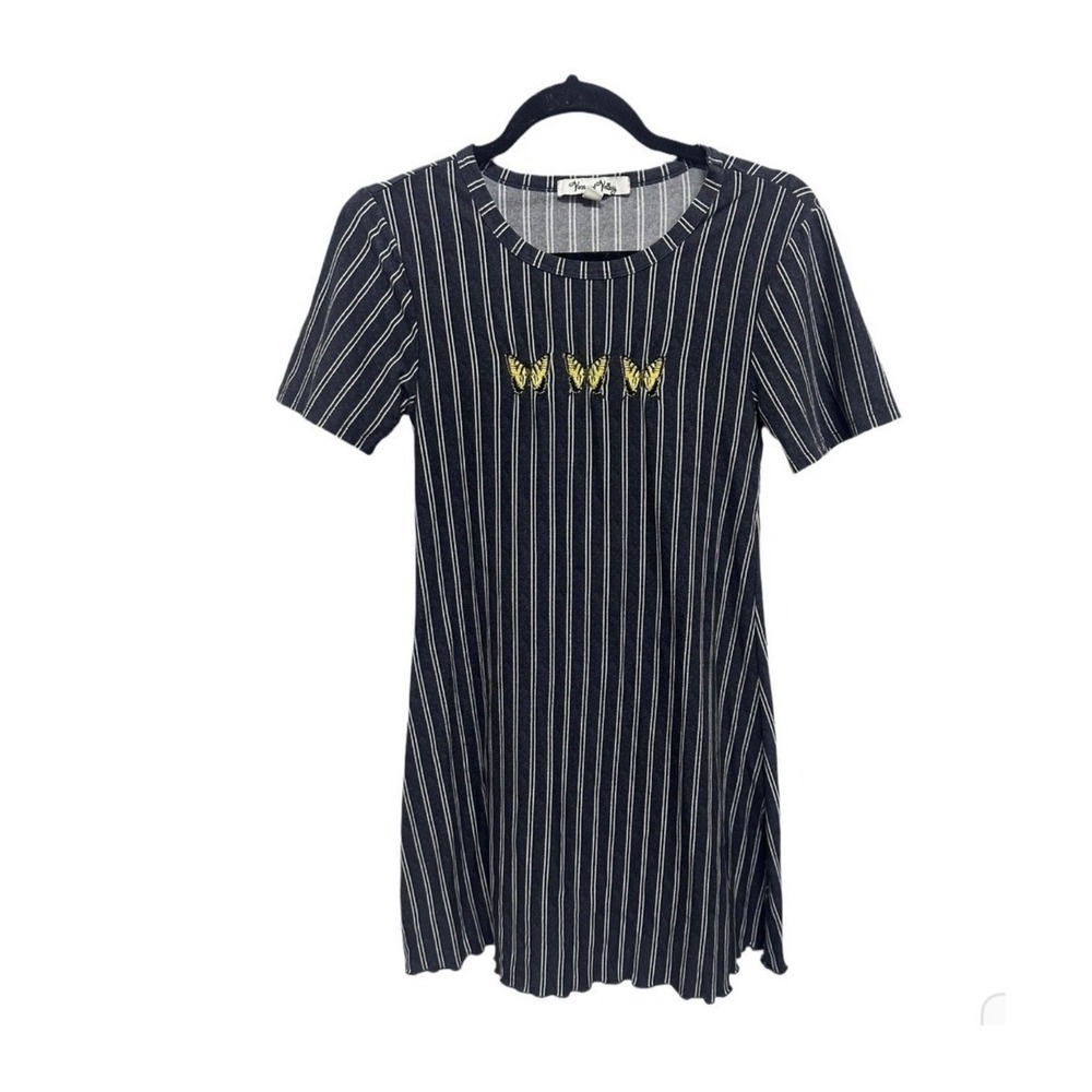 Butterfly Embroidered Striped Swing Dress Medium Cottagecore Fairy Grunge Y2K